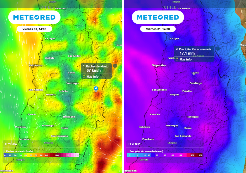 mapas de rachas de viento y precipitación acumulada Los vientos podrán intensificarse durante la tarde del viernes, con rachas de hasta 70 km/h, mientras que los montos acumulados estarían del orden de los 15 mm.