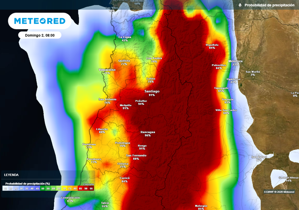 mapa de probabilidad de precipitación El modelo del ECMWF pronostica precipitaciones para este domingo, con una probabilidad superior al 90 % en gran parte de la cuenca de Santiago.