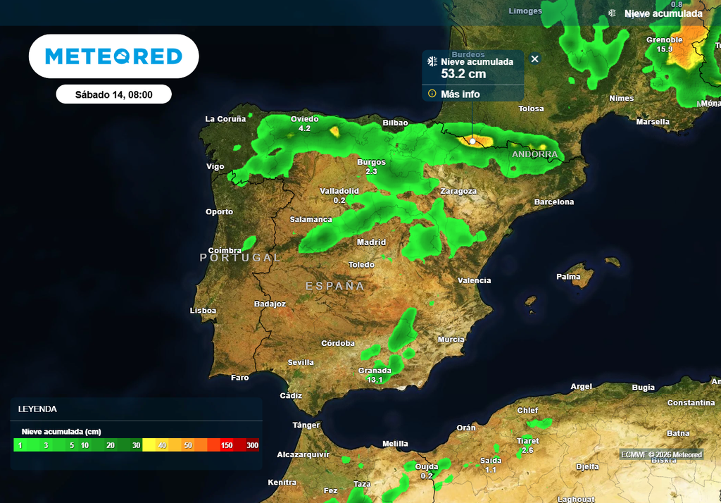 En el Pirineo se acumulará más de medio metro de nieve, según el modelo europeo.