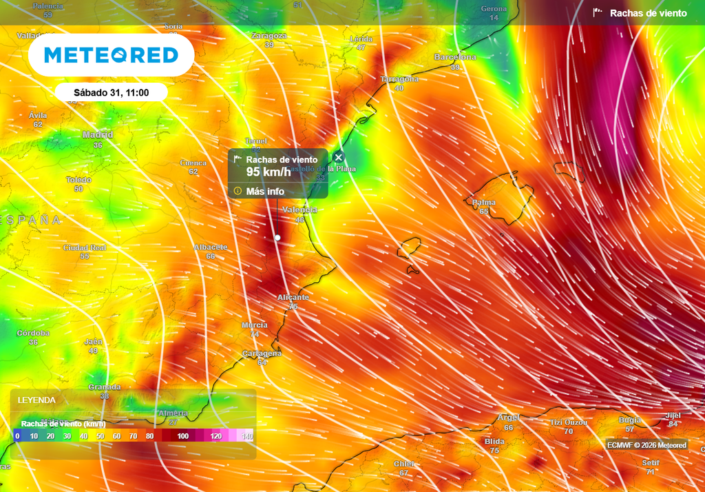Las rachas de viento superarán los 90 km/h en las próximas horas en amplias zonas del este peninsular y Baleares.