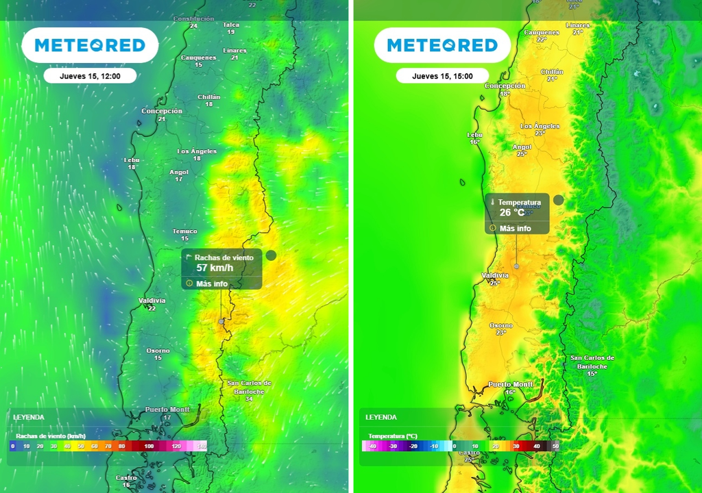 Rachas de viento (km/h) -imagen izquierda- y temperatura máxima (°C) -imagen derecha- para el jueves (15) en Chile centro-sur.
