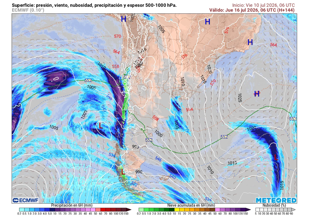 carta de presión en superficie y precipitación Las precipitaciones volverían con mayor intensidad a partir del miércoles 15 a la zona central debido al ingreso de un nuevo sistema frontal.
