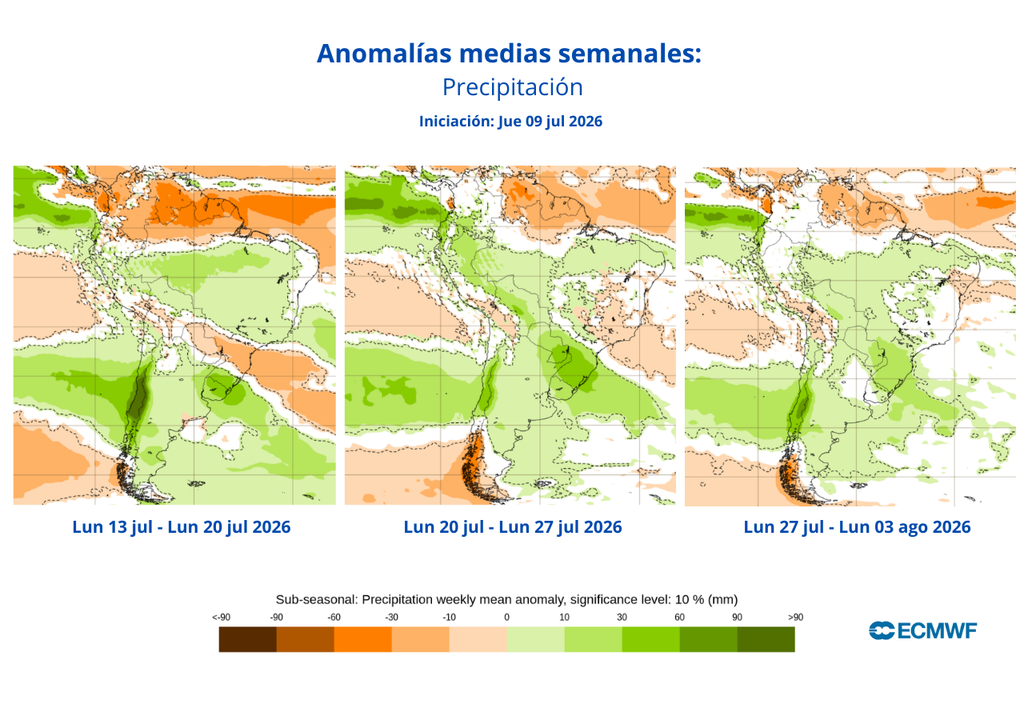 Proyección de anomalías semanales de precipitación (ECMWF) Para las próximas semanas, se prevén eventos de precipitaciones marcados por la visita de sistemas frontales en la zona central.