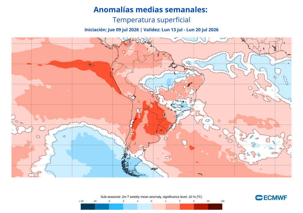 Proyección de anomalías semanales de temperatura (ECMWF) La semana que viene se espera un evento de altas temperaturas para el inicio del periodo, luego se mantendría con anomalías ligeramente positivas.
