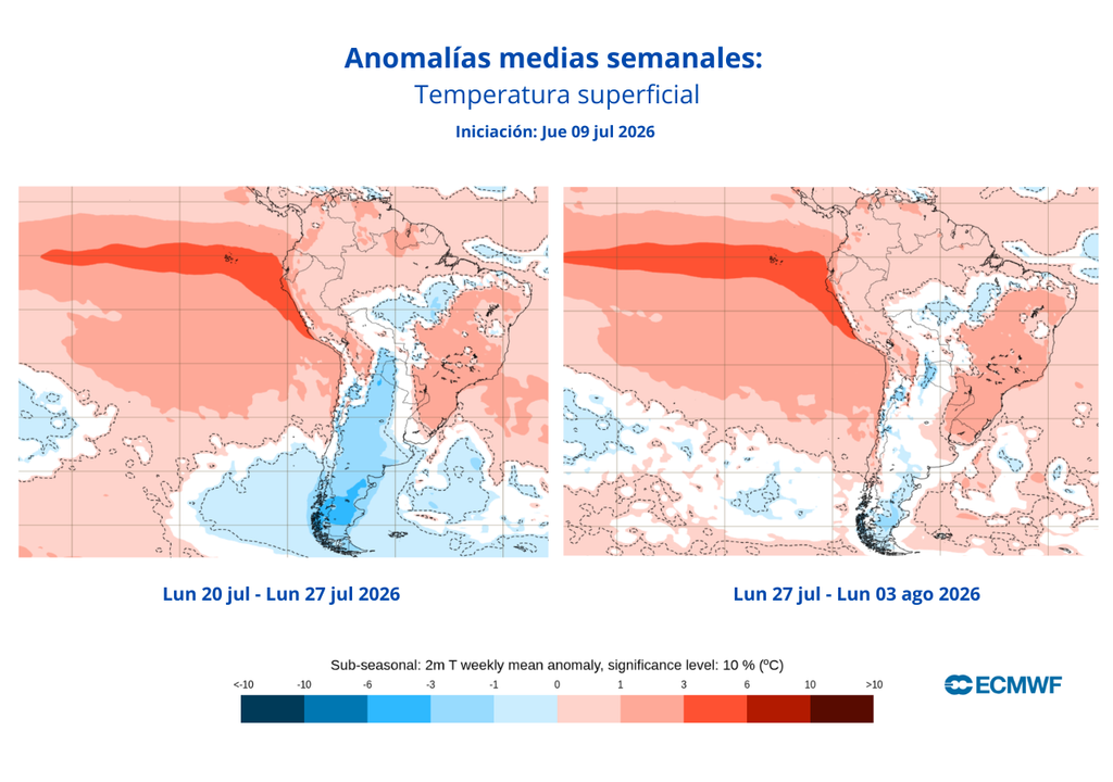 Proyección de anomalías semanales de temperatura (2) (ECMWF) Para las últimas semanas de julio se esperan condiciones mayormente neutras, sin presencia de anomalías negativas importantes sobre el área. Cabe destacar que en el Pacífico tropical el calentamiento superficial asociado a El Niño es cada vez más notorio.