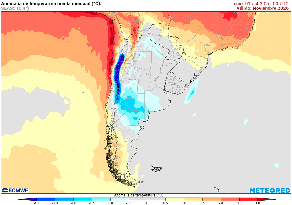 Pronóstico, Clima, Tiempo, Argentina Anomalía de temperatura prevista para el mes de noviembre según el modelo ECMWF