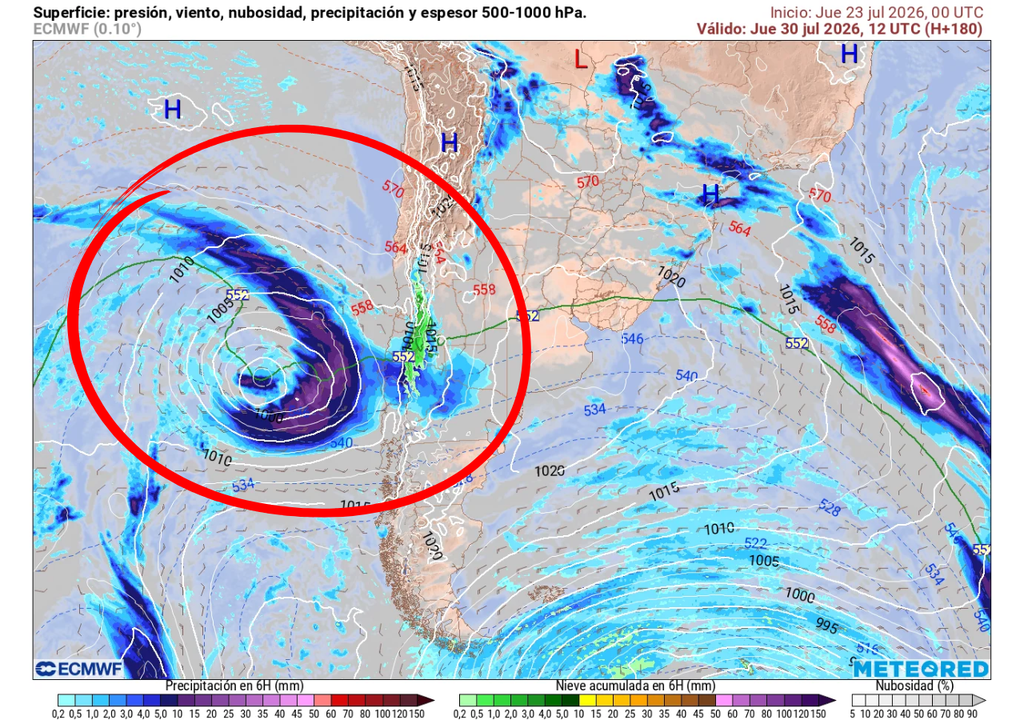 Sistema frontal que arribará el jueves (30) al centro-sur de Chile.