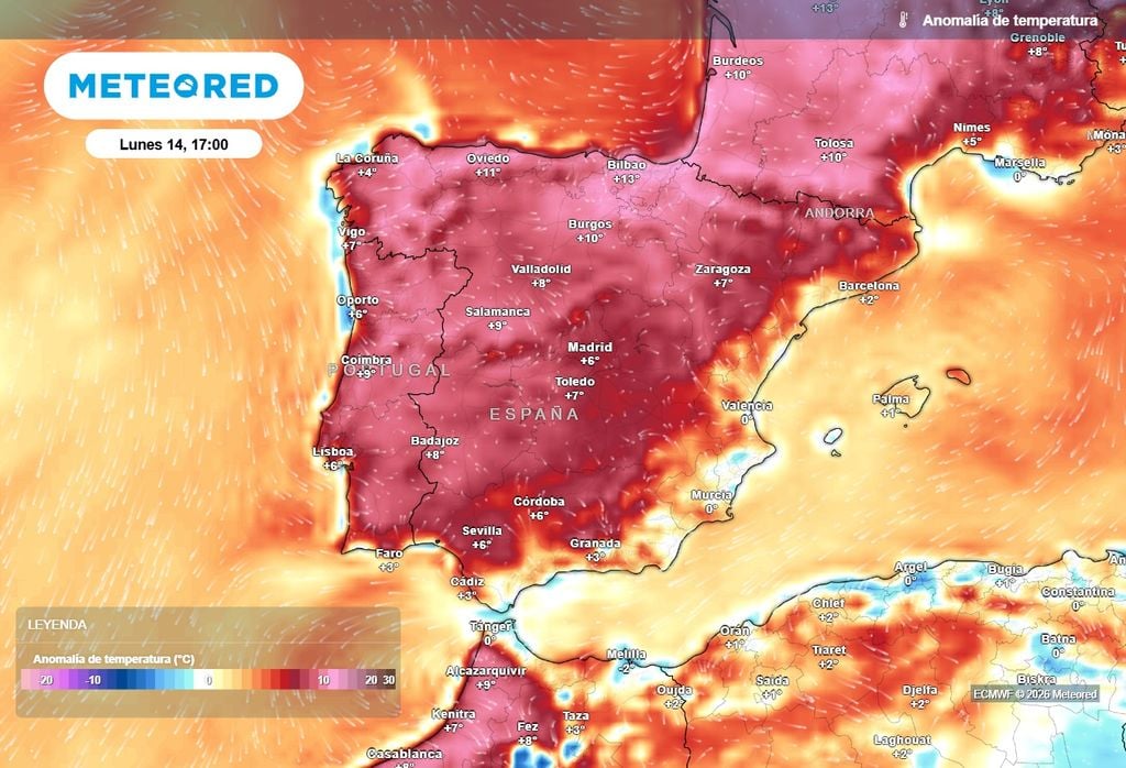 In vaste aree della Penisola, lunedì le temperature diurne si porteranno tra 8 e 10 ºC al di sopra della media del periodo.