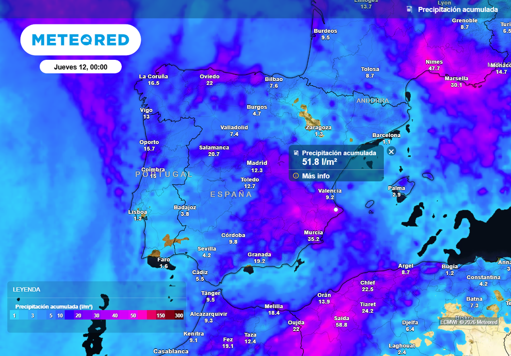 La dana podría dejar acumulados puntuales de más de 50 l/m2 en el sureste, según el modelo europeo.