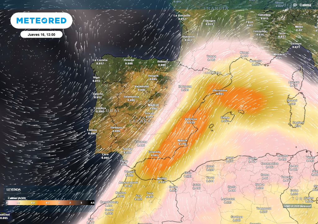 El episodio de calima alcanzará su máxima intensidad durante la jornada del jueves 16 de julio, afectando especialmente al este peninsular, el litoral mediterráneo y Baleares.