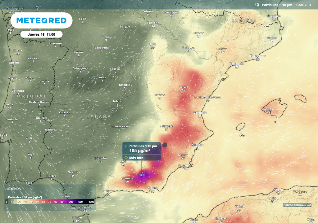 Las concentraciones de partículas PM10 aumentarán durante la mañana del jueves 16 de julio, con valores superiores a 50 μg/m³ en varios puntos del este y sureste peninsular.