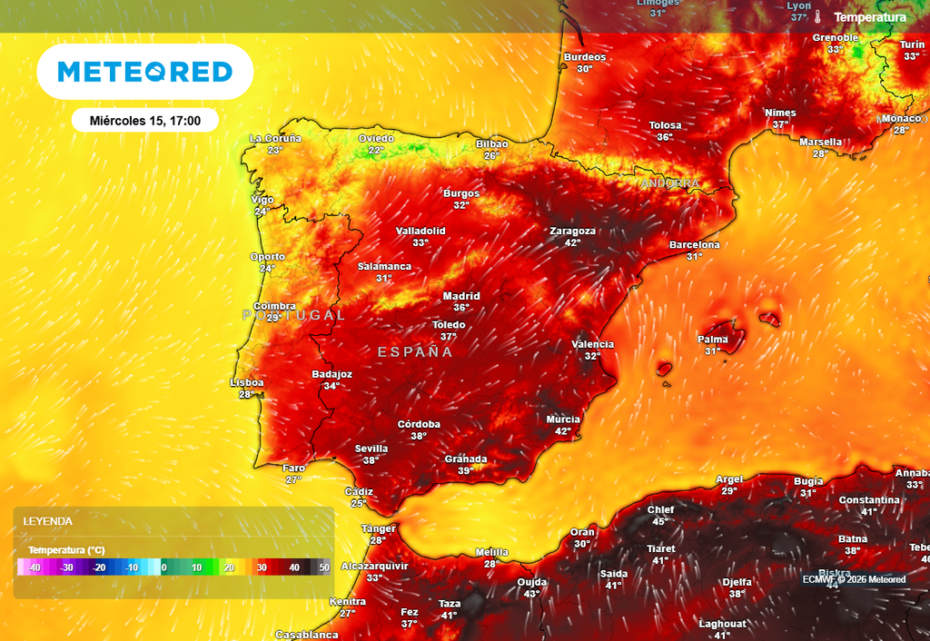Las temperaturas alcanzarán los 43 ºC en puntos del valle del Ebro, prelitoral de Valencia y la Región de Murcia durante la tarde del miércoles 15 de julio.