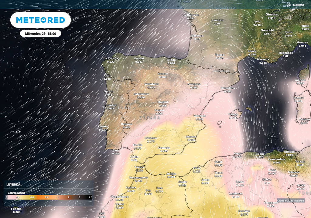 La concentración de polvo sahariano aumentará desde el martes en el sur peninsular y se extenderá hacia el litoral mediterráneo durante el jueves.