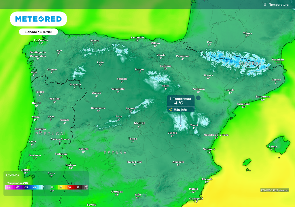Las temperaturas mínimas previstas para la jornada de mañana según nuestro modelo de cabecera.