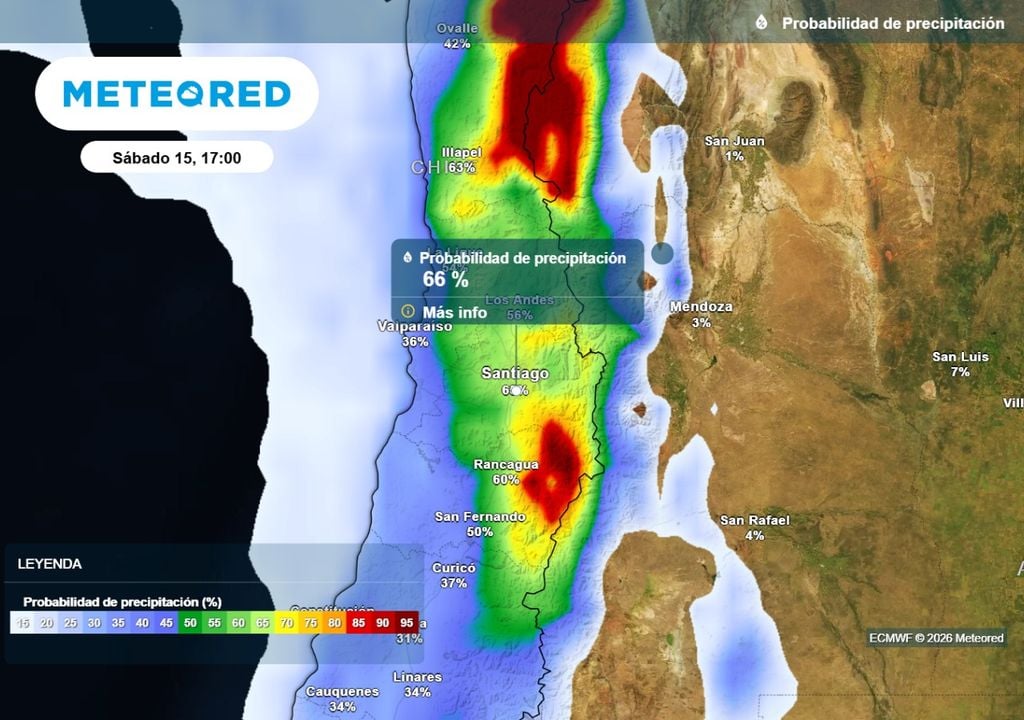 Probabilidad de lluvias La probabilidad de que ocurran precipitaciones en Santiago ya ronda el 65 % para el sábado mientras hacia la cordillera este valor es todavía mayor.