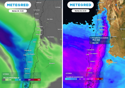 Se aproxima una semana de lluvias en la zona central: r&iacute;o atmosf&eacute;rico dejar&iacute;a hasta 70 mm en 24 horas