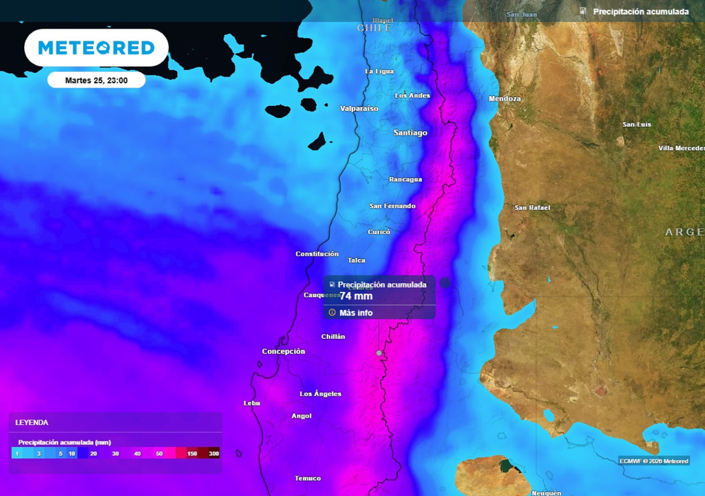mapa de precipitación acumulada Este martes arribará un río atmosférico a la zona central que alimentará un sistema frontal, dejando acumulados importantes en precordillera y cordillera.