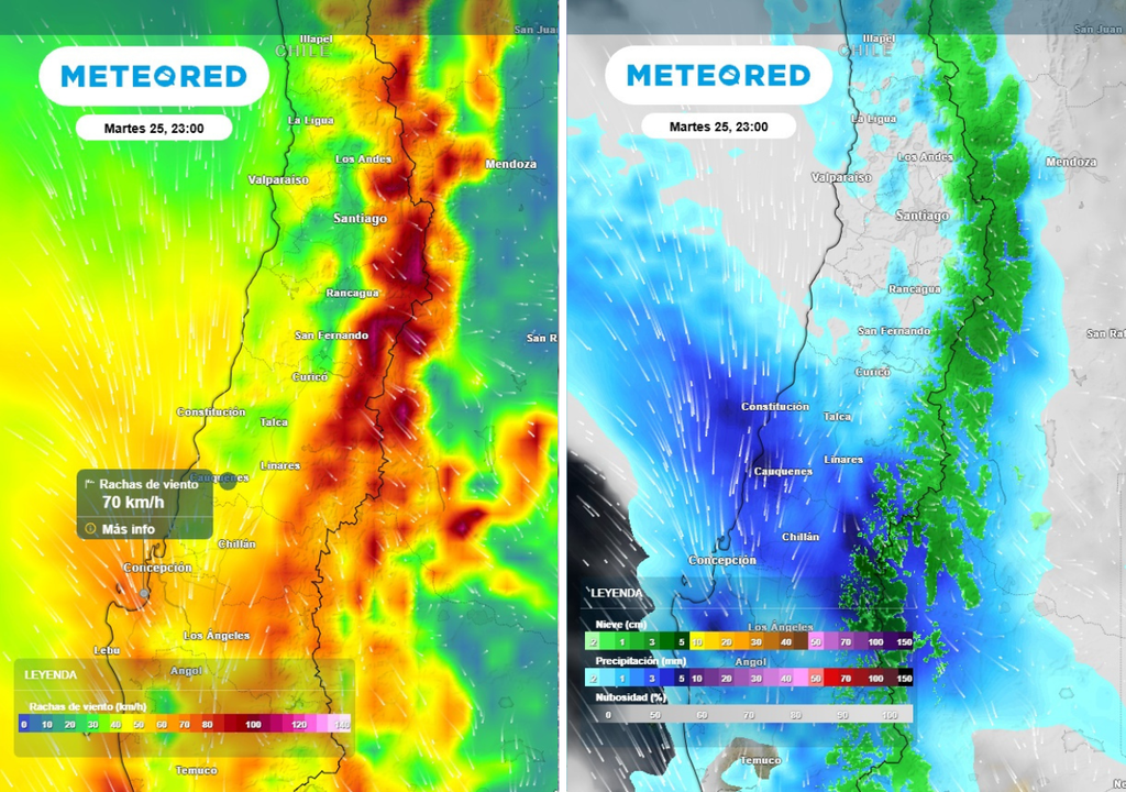 mapas de rachas de viento y de precipitaciones El martes será un día ventoso y lluvioso, principalmente entre el Maule y Biobío.