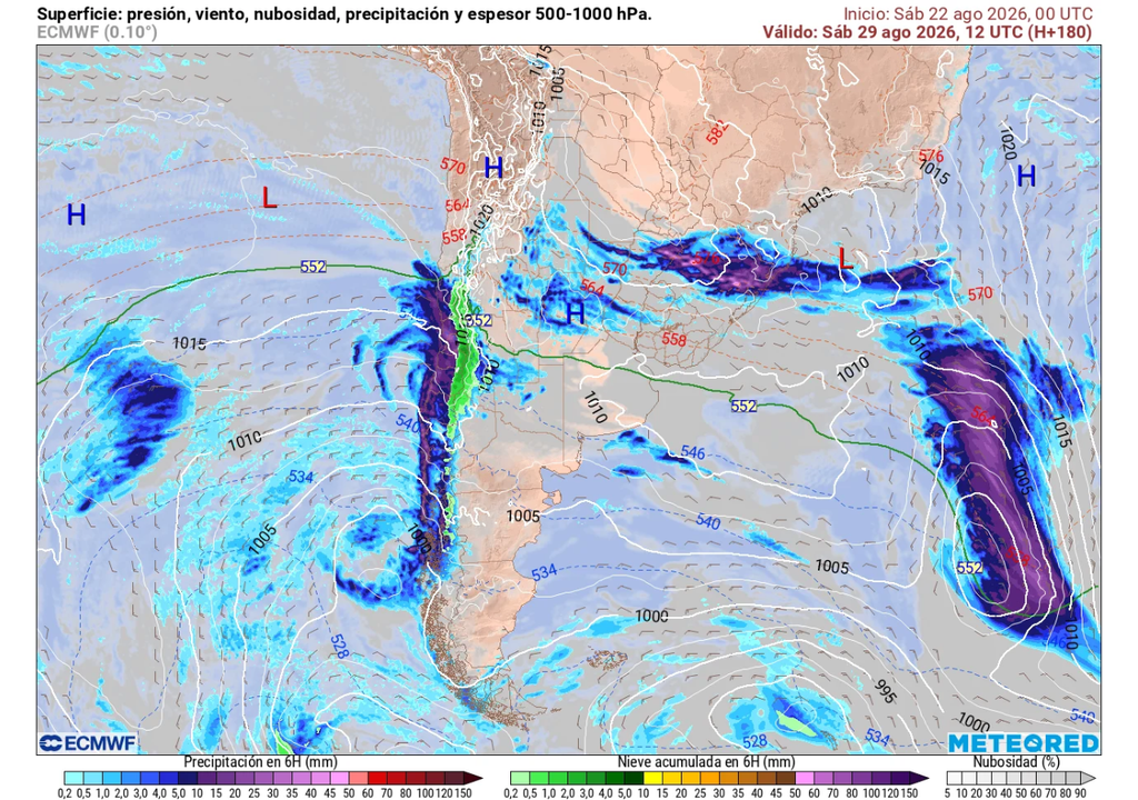 carta de presión en superficie y precipitaciones El sábado llegaría otro sistema frontal a la zona central: no se descarta que el domingo arribe otro frente.