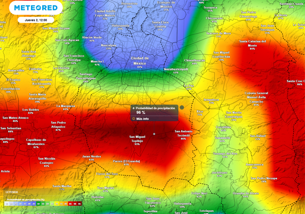 lluvia Desde las primeras horas de la tarde habrá alta probabilidad de lluvia, más del 90 %, en el sur de la capital.