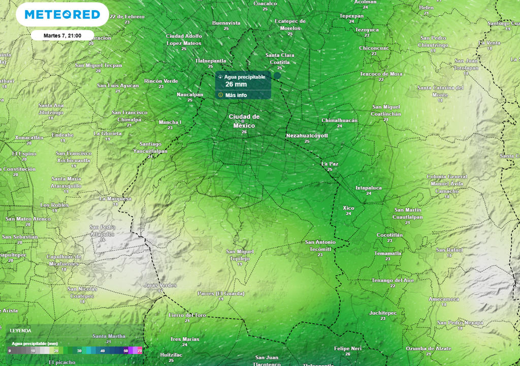 lluvia Hay alta humedad sobre la capital, bajo condiciones favorables las tormentas dejarán acumulados mayores a 25 mm.