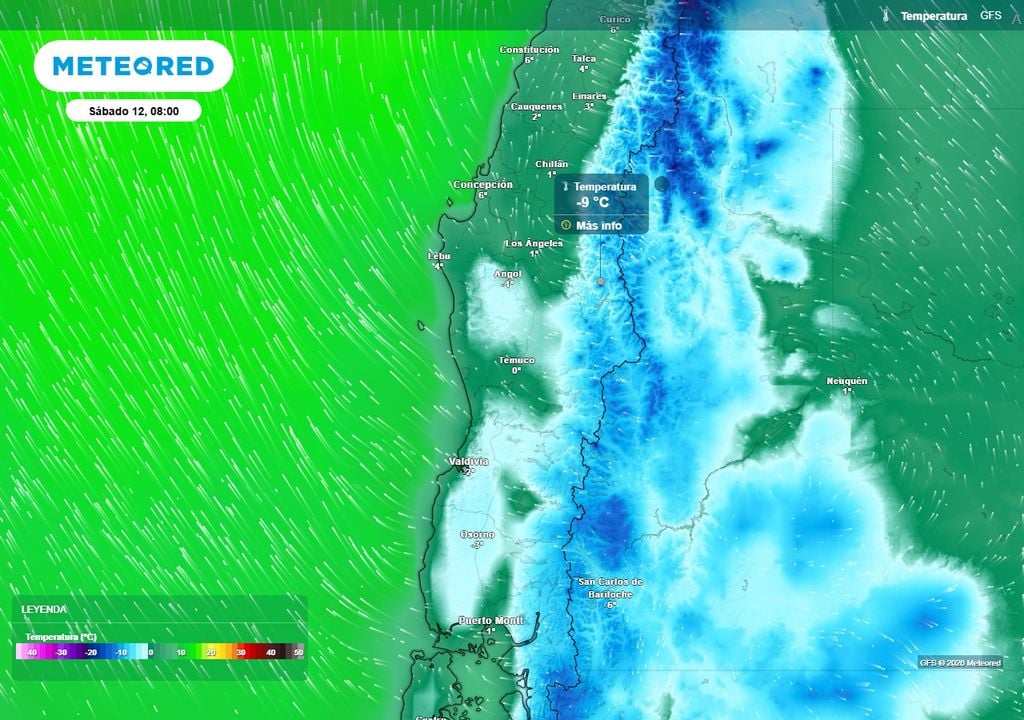 Meteored pronostica viento Puelche sobre los 60 km/h y contrastes térmicos para Chile centro-sur Temperatura mínima (°C) para el sábado (12) en el centro-sur de Chile.