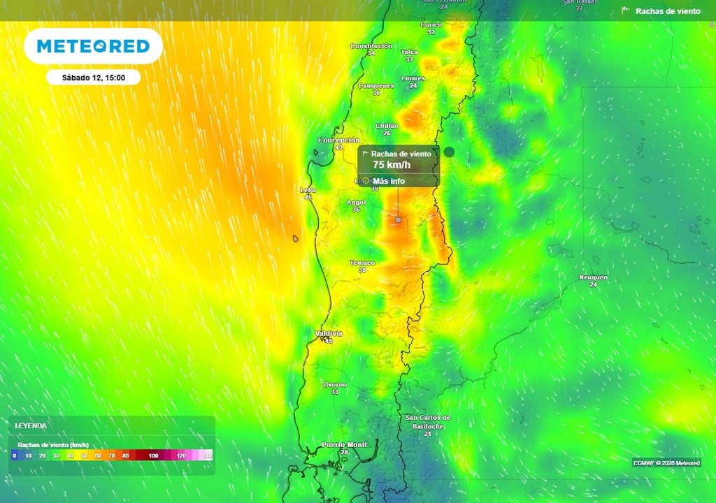 Meteored pronostica viento Puelche sobre los 60 km/h y contrastes térmicos para Chile centro-sur Rachas de viento (km/h) para la tarde del sábado (12) en Chile centro-sur.