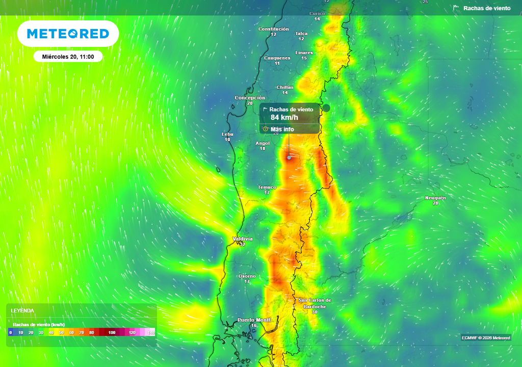 Fuertes rachas de viento de 80 km/h para Chile centro-sur, Meteored Rachas de viento (km/h) para la mañana del miércoles (20) en el centro-sur de Chile.