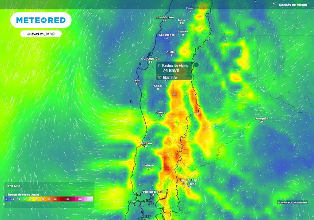 Fuertes rachas de viento de 80 km/h para Chile centro-sur, Meteored Rachas de viento (km/h) para la madrugada del jueves (21) en Chile centro-sur.