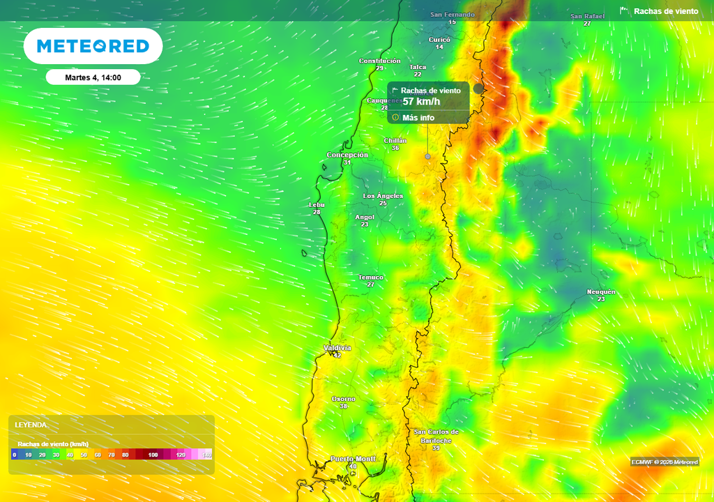 Rachas de viento de hasta 60 km/h para la próxima semana en el centro-sur de Chile Rachas de viento (km/h) para la tarde del martes (04) en Chile centro-sur.