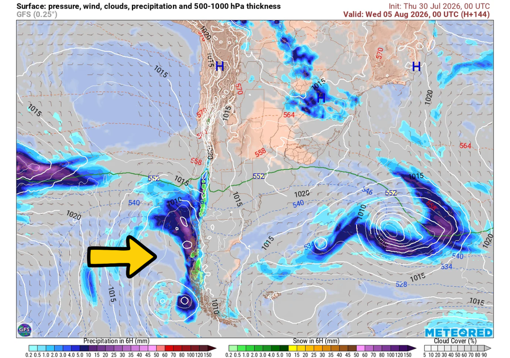Nuevo sistema frontal para la próxima semana en Chile centro-sur Segunda sistema frontal pronosticado por el GFS para Chile centro-sur.