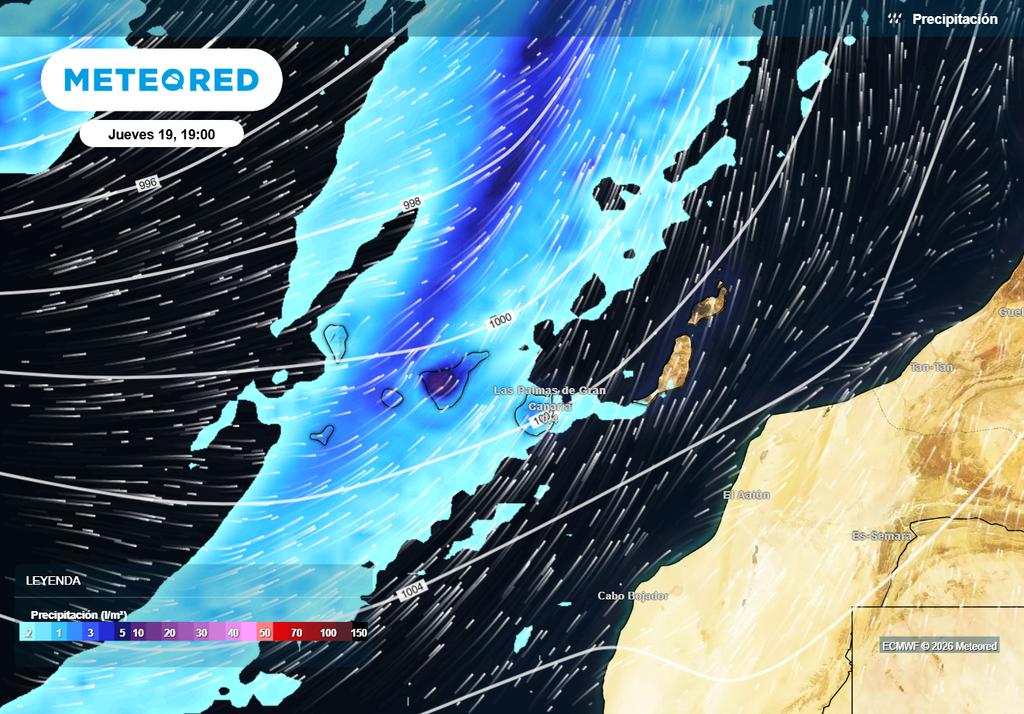 Un frente muy activo barrerá Canarias de oeste a este a lo largo del jueves.