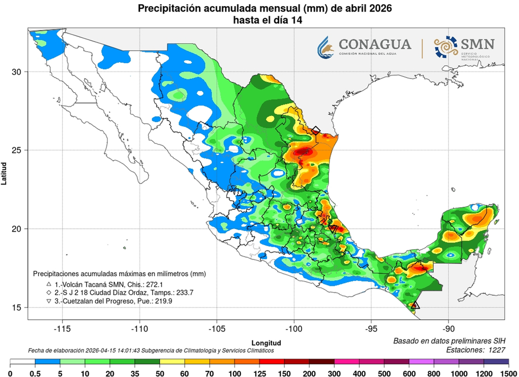 Las lluvias benéficas han estado presentes en el noreste, centro, oriente y sureste con más de 100 mm limitando sequía e incendios.