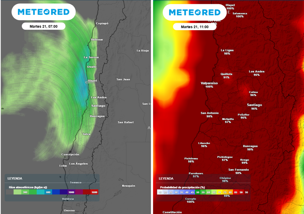 mapas de río atmosférico y probabilidad de precipitaciones A pesar de ser un sistema frontal alimentado por un río atmosférico de categoría baja, podría dejar acumulados de hasta 15 mm hasta la tarde del martes con alta probabilidad.