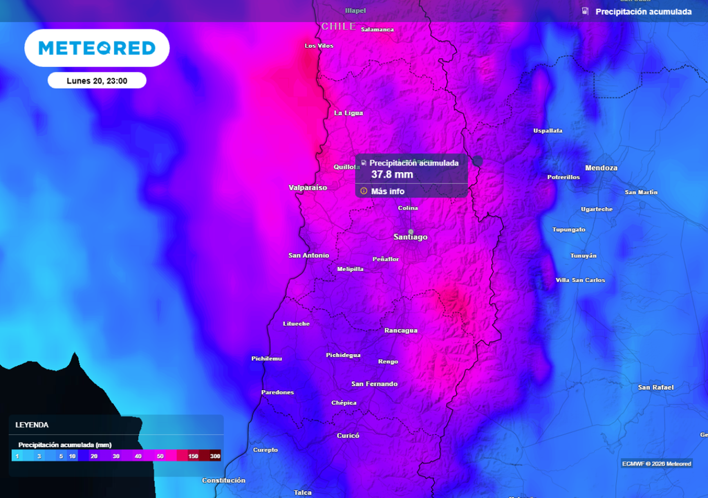 mapa de precipitación acumulada Se espera que se extiendan las lluvias hasta la tarde del lunes y deje acumulados importantes, al menos de hasta 35 mm.