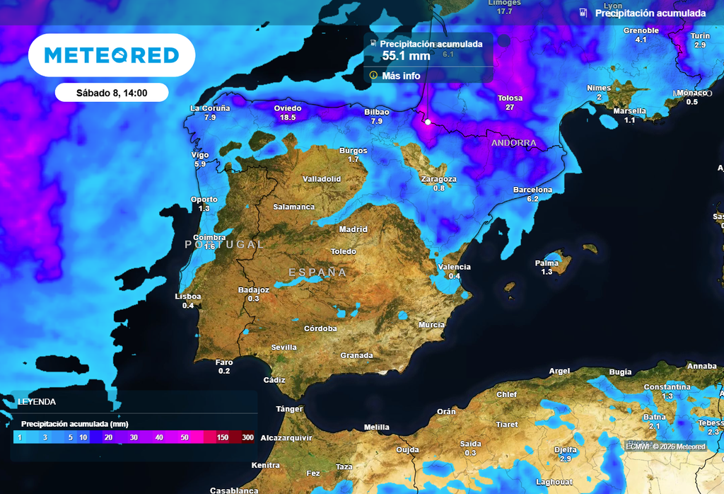 Se esperan acumulados de lluvia destacables esta semana en el norte y noreste de la Península.