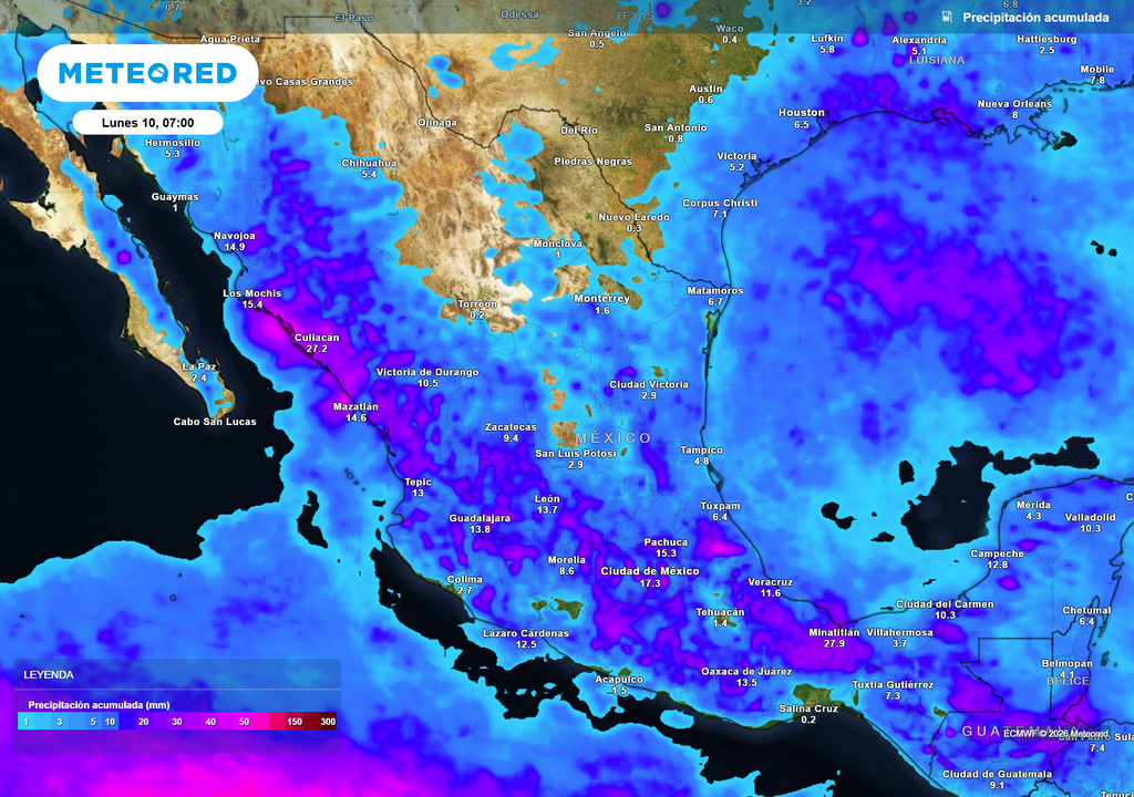 Pronóstico de precipitaciones acumuladas en milímetros Fuertes lluvias y tormentas en estados del occidente, centro y sur con más de 50-70 mm, siendo más aisladas en el Golfo de México y sureste.