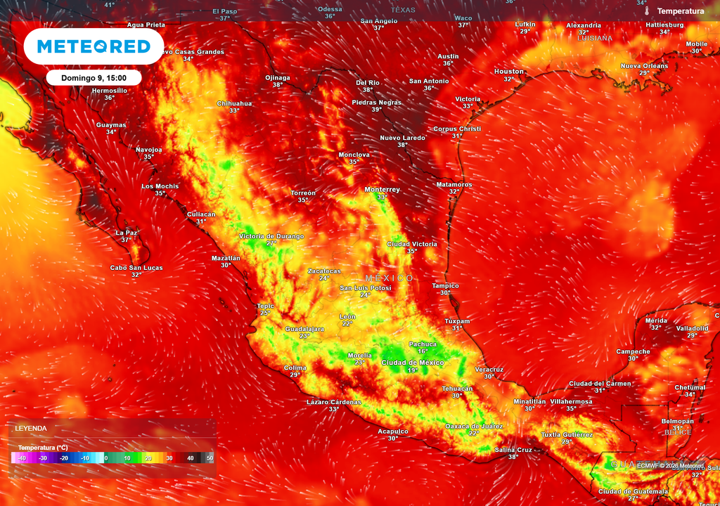 Pronóstico de temperaturas en grados Celsius Temperaturas entre 35-45 °C persistirán en el norte y entidades costeras, siendo lo más caluroso entre BC., y Son., rondando 50 °C. Las lluvias refrescarán, especialmente el Altiplano.