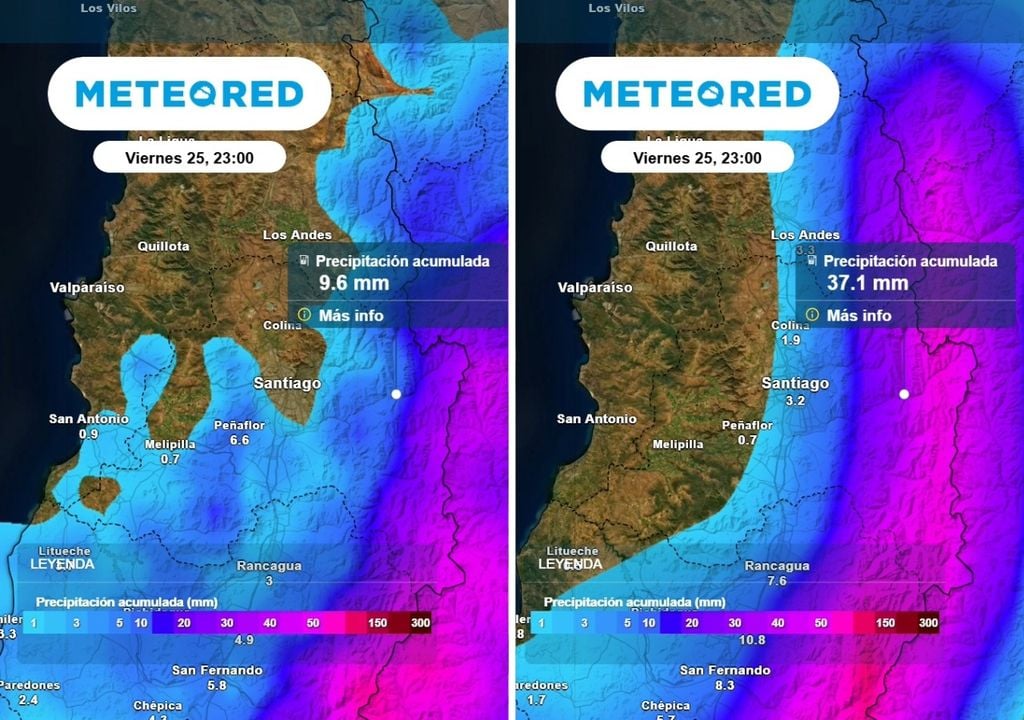 Modelos ECMWF (imagen izquierda) y GFS (imagen derecha) muestran acumulados de precipitación dispares, sin embargo, ambos modelos coinciden con lluvias débiles en el valle y mayores en la cordillera.