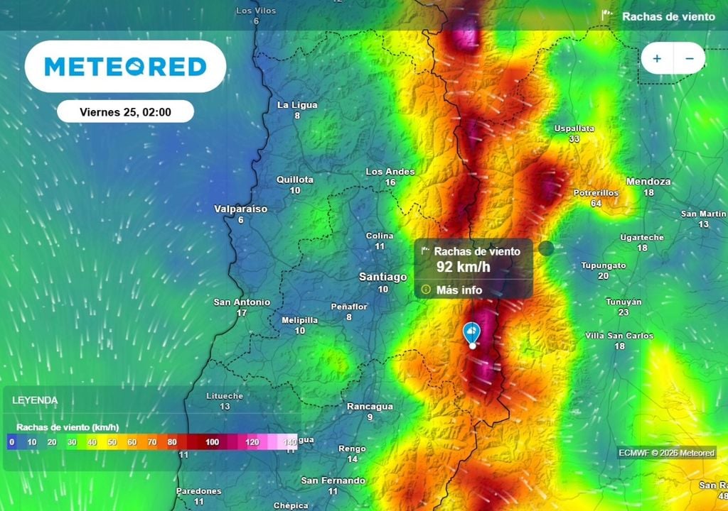 Fuertes rachas de viento entre jueves y viernes próximos: modelo europeo prevé velocidades sobre los 90 km/h.