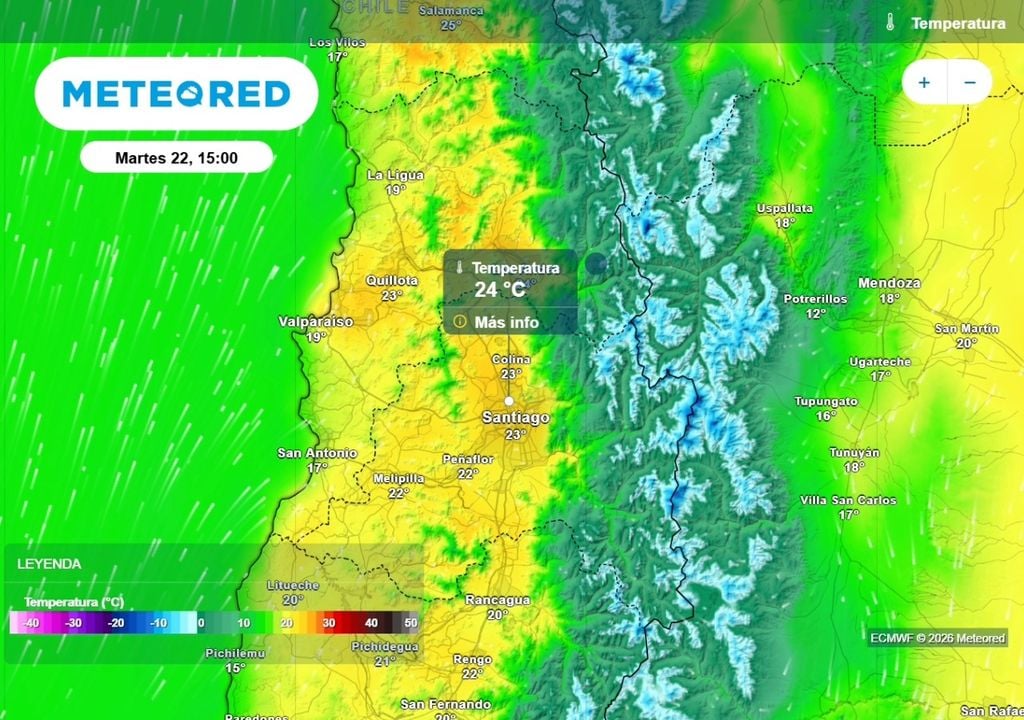 Durante esta jornada las temperaturas máximas en Santiago podrían rozar los 24 °C, según el ECMWF.