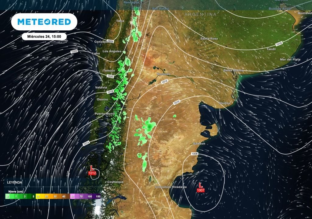 Tanto el miércoles 24 como el viernes 26 se repite la probabilidad de nevadas sobre la cordillera. En los sectores centrales y norte de la cordillera patagónica la mayor parte de estas nevadas estarán confinadas a sectores más altos de las montañas.