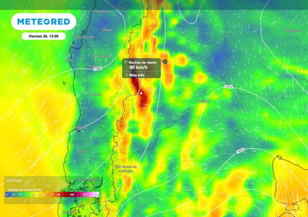 El viernes 26, asociado al segundo pasaje frontal de los próximos días, se repiten vientos intensos en sectores pre-cordilleranos de la provincia de Neuquén.
