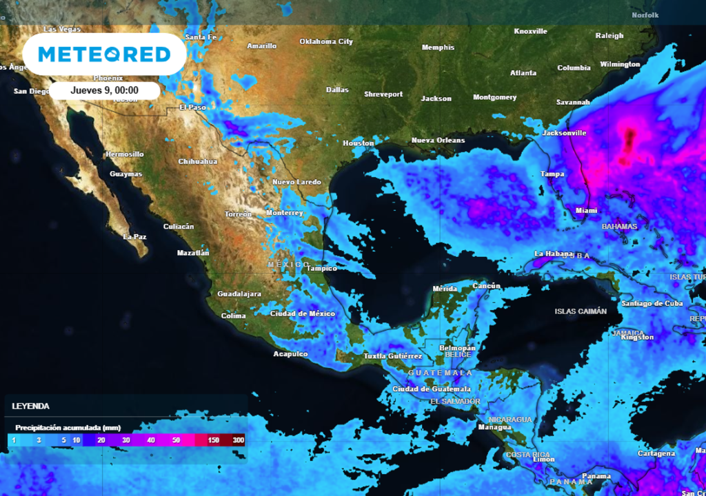 Pronóstico de acumulados totales de lluvias para este miércoles 8 de abril en México.