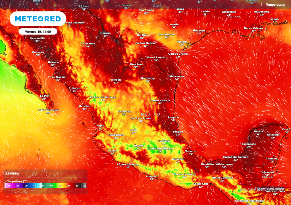 Pronóstico de temperaturas en grados Celsius Calor de 35-40 °C dominará el norte, oriente y sureste, sin descartar mayores, mientras el bochorno por la humedad rondaría los 45 a 55 °C; el Altiplano estará más fresco.