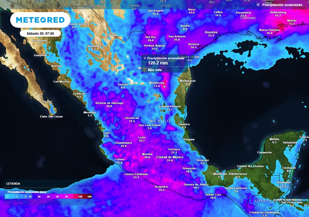 Pronóstico de precipitaciones acumuladas Lluvias fuertes a torrenciales serán probables esta tarde en México, con las más intensas en el noreste, occidente, centro y sur acumulándose 30-70 mm con locales de 175 mm.