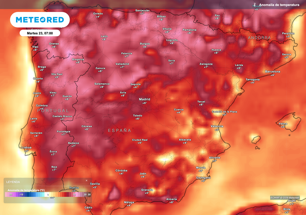 Anomalía de las temperaturas mínimas previstas el martes a las 7 de la mañana. Fuente: modelo europeo.