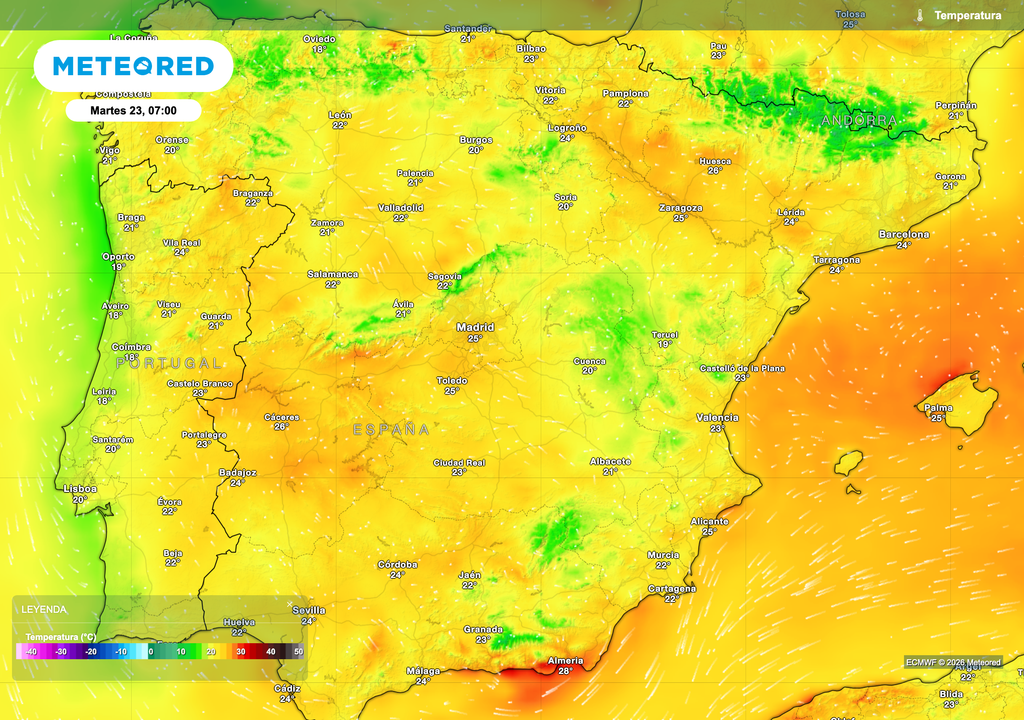 Las noches tórridas llegarán al área metropolitana de Madrid y el valle del Ebro a partir del martes. Fuente: modelo europeo.