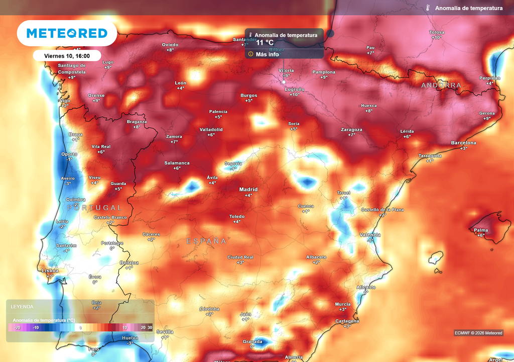 Las anomalías más destacadas serán en el extremo norte de la península.