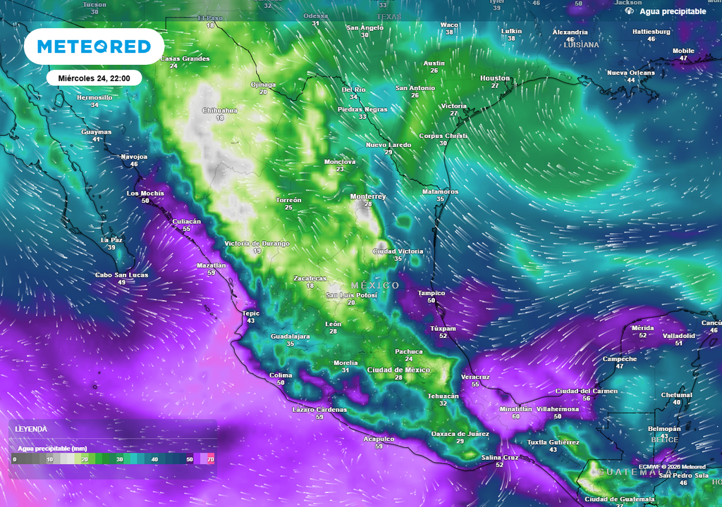 Pronóstico de agua precipitable en milímetros El contenido de humedad seguirá alto sobre la mitad centro-sur del país al paso de ondas tropicales, generándose intensas tormentas con inundaciones.